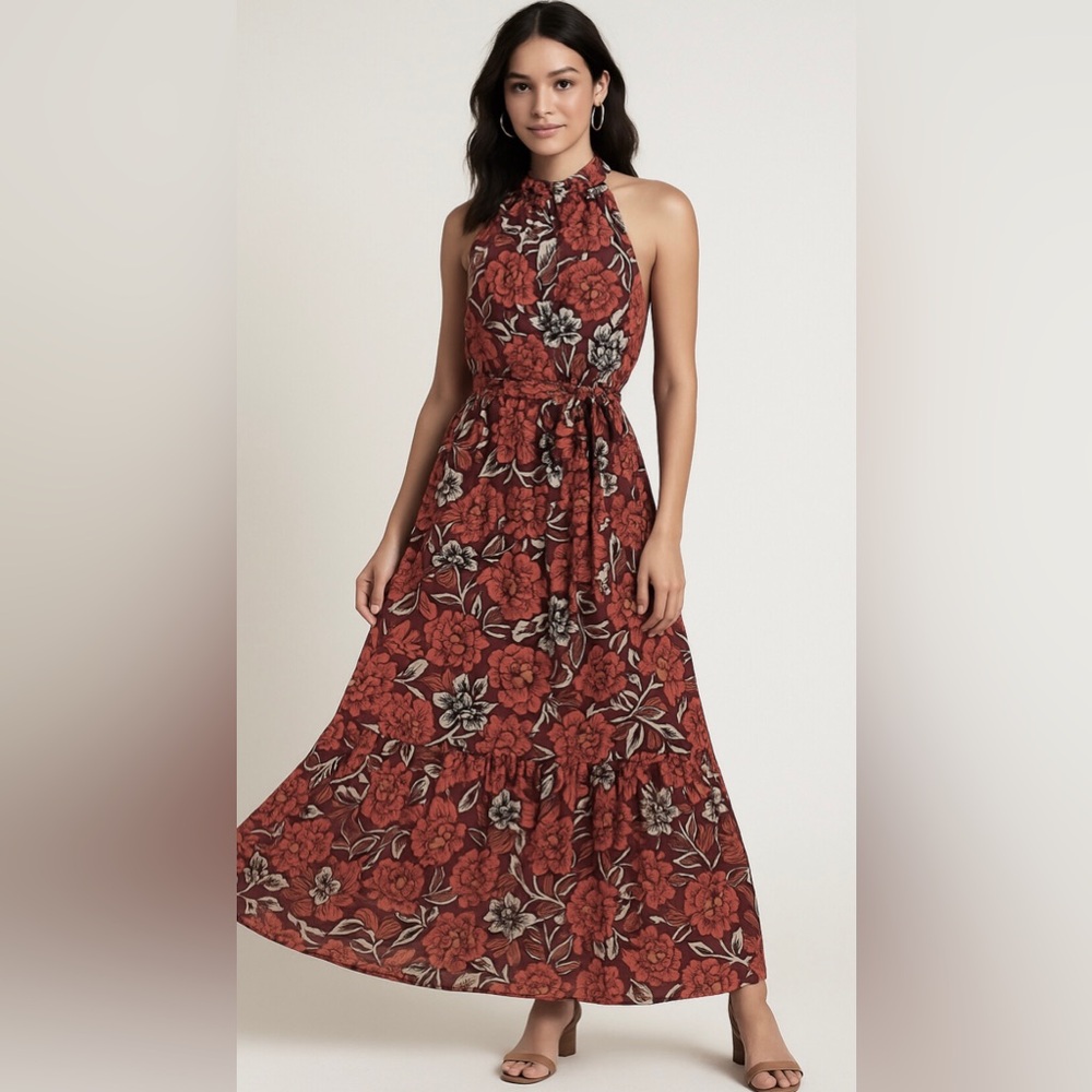 Julia Jordan Red burgundy multi Boho Halter Neck Maxi Dress‎ size 10 new